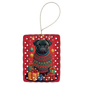 Black Pug Holiday Christmas Porcelain Ornament Christmas Tree Hanging Decorations for Home Christmas Holiday, Rectangle, Gift, Multicolor